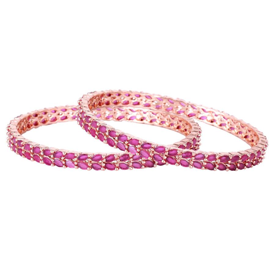 Estele Rose Gold Plated Cz Leaf Designer Bangles With Ruby Stones For Women : AD-005-RG-RBBANGLE