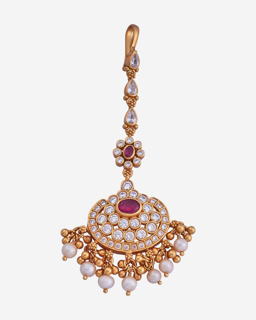 Kushal'S Fashion Jewellery Ruby Gold-Plated Ethnic 92.5 Pure Silver Temple Maang Tikka       -164652 : 398258