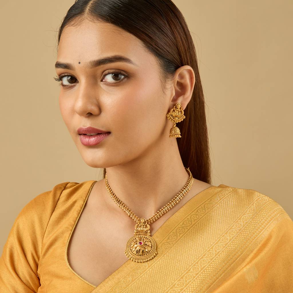 Ruby Gold-Plated Ethnic Antique Necklace Set-444824 : 444824