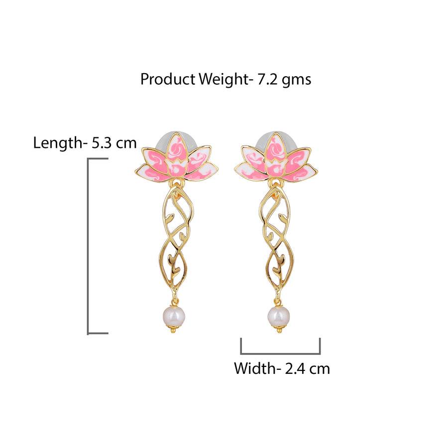 Estele Gold Plated Lotus Flower & Leaf Shaped Pearl Drop Earrings With Pink Enamel For Girl'S & Women : 10197-IGER