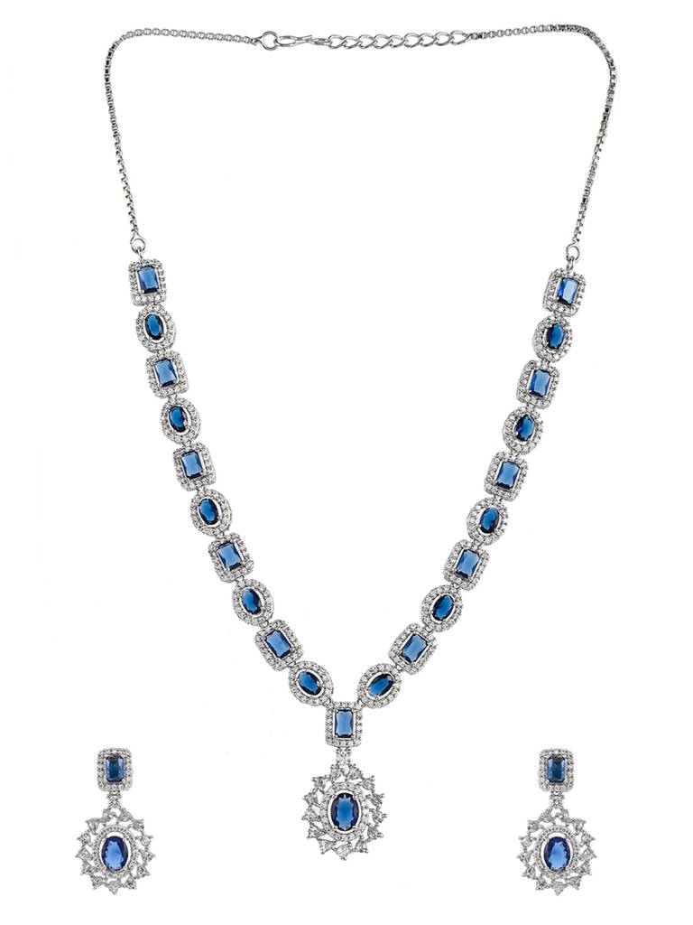 Sparkling Elegance Royal Blue And White Cz Brass Silver Plated Jewellery Set : 8905124472356