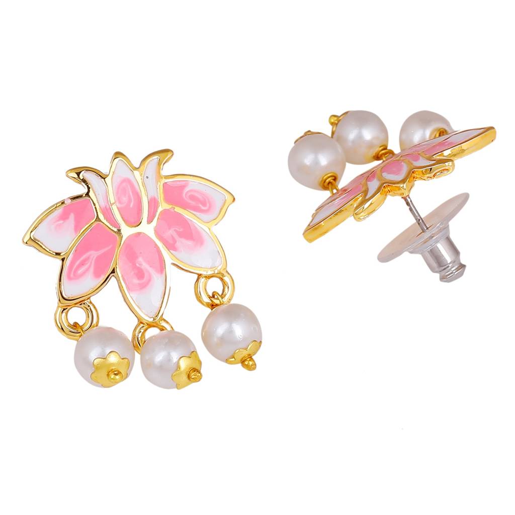 Estele Gold Plated Lotus Designer Pretty Pearl Drop Earrings With Pink Enamel For Girl'S & Women : 799703-IGER