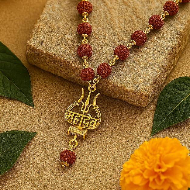 Mahadev Trishul Damru Pendant Mala With Rudraksha Beads Spiritual Chain For Men : OSAK055-IGBRNPENDANT