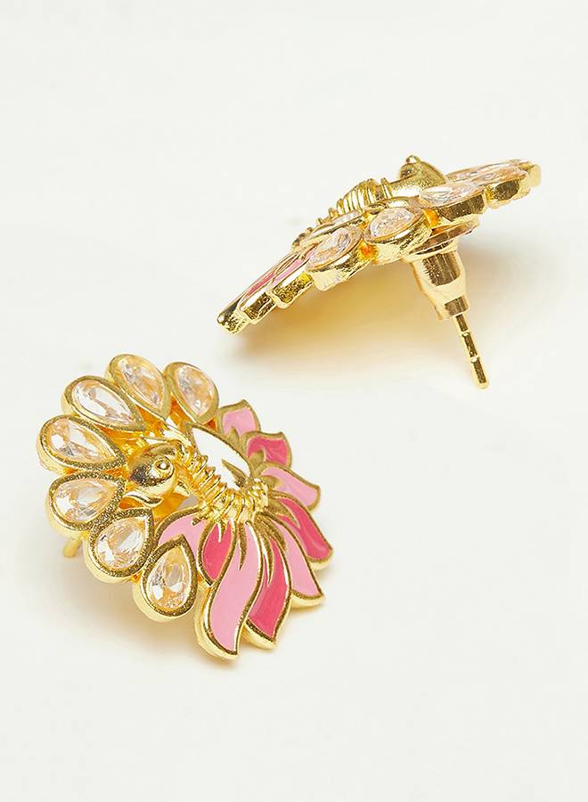 Shwet Kamal Faux Kundan Pink Enamel Peacock Motif Gold Plated Stud Earrings : 8905124444704