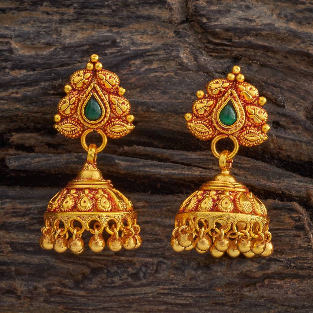Kushal'S Fashion Jewellery Green Gold-Plated Ethnic 92.5 Pure Silver Temple Jhumkas-174142 : 417971