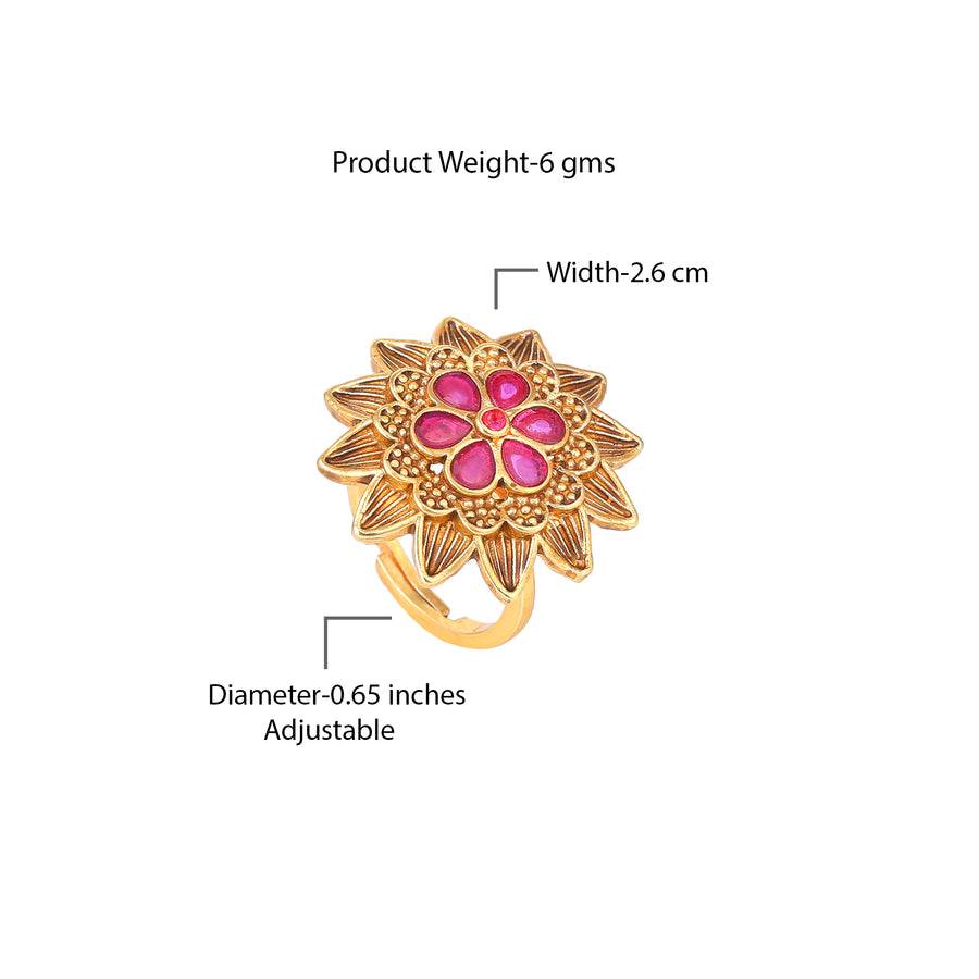 Estele Gold Plated Flower Designer Matte Finish Finger Ring With Ruby Crystals For Women. : AD-148-IGRBRING