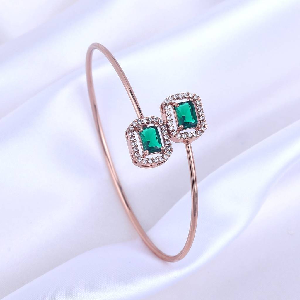 Estele Rosegold Plated Gorgeous Square Designer Lightweight Cuff Kada Bracelet With Green American Diamonds Fo : AD-091-RGGNBR
