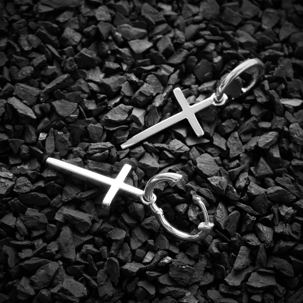 925 Silver Cross Hoop Earrings | Minimalist Christian Dangle Hoops For Women : SE_000690