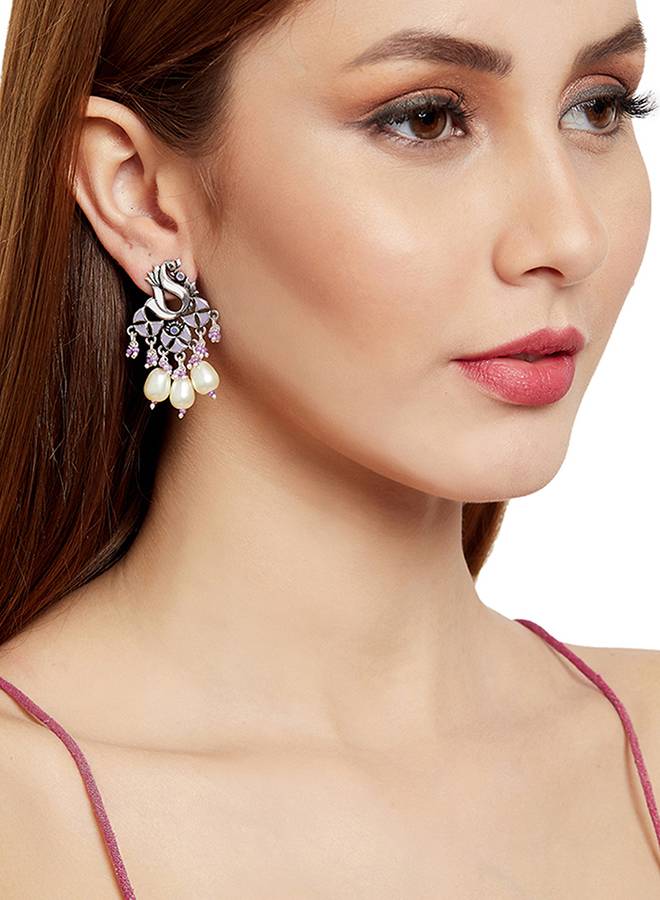 Shwet Kamal Teardrop Faux Pearls Enamelled Silver Plated Earrings : 8905124444780