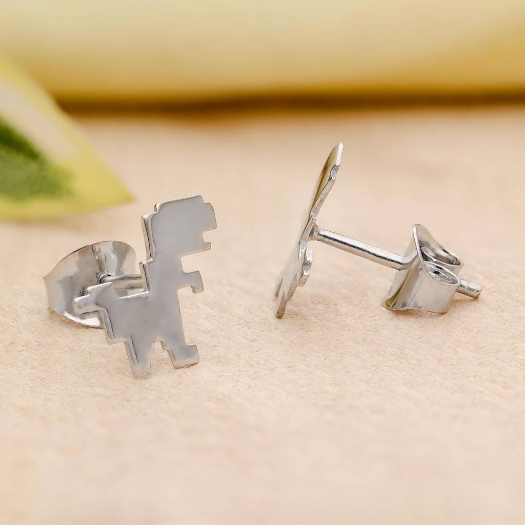 925 Silver Pixel Dinosaur Studs | Retro Gaming Gift : SE_000803