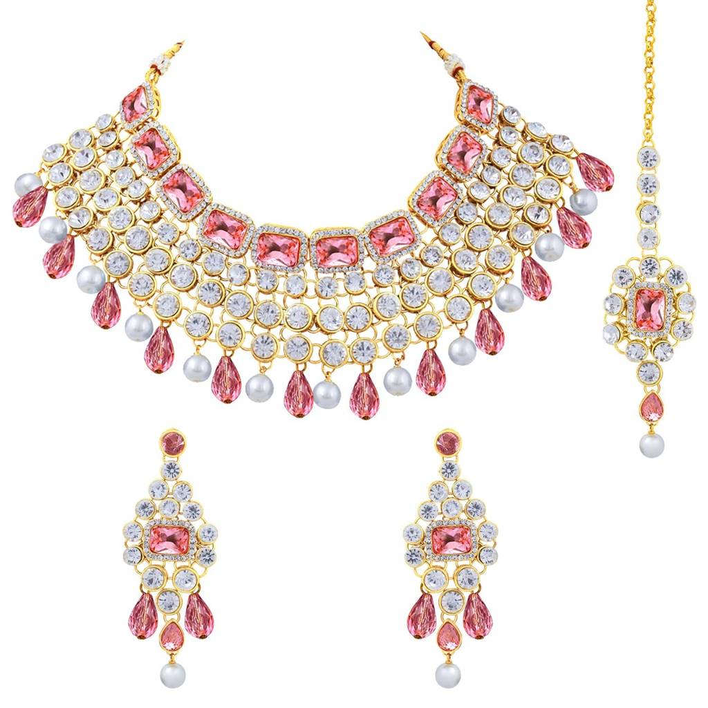 Crystal Choker Necklace With Maang Tikka Earrings Indian Traditional Bridal Wedding Jewellery Set For Women Girls : PF25N708PK