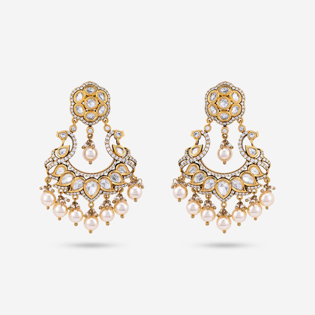 White Victorian-Plated Ethnic Kundan Chandbali Earrings-447200 : 447200