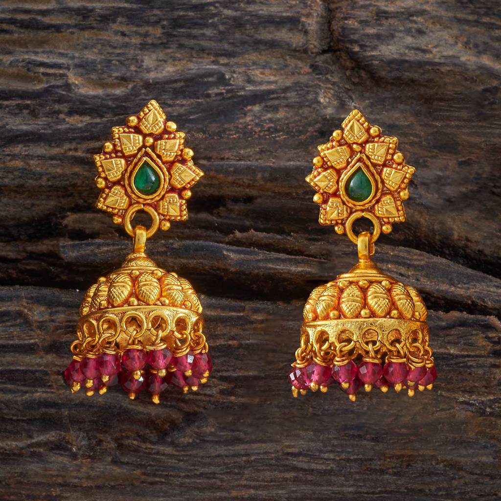 Kushal'S Fashion Jewellery Ruby-Green Gold-Plated Ethnic 92.5 Pure Silver Temple Jhumkas-174156 : 417979