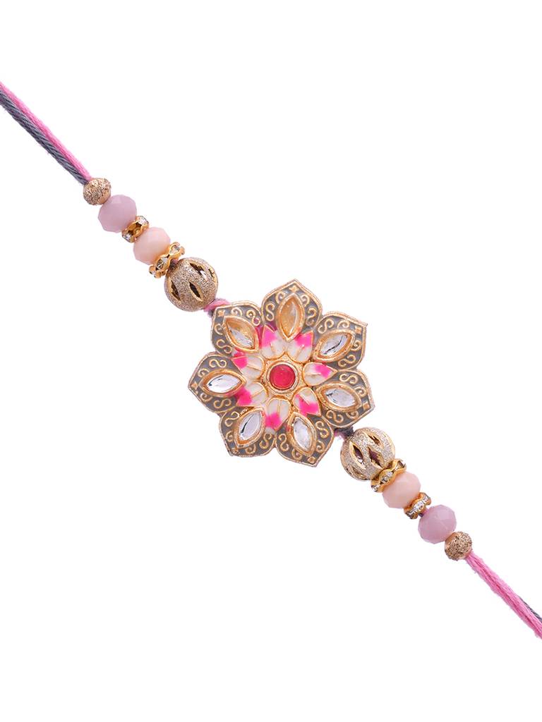 Meenakari Kundan Embellished Pink Floral Enamel Work Rakhi : 8905124461572