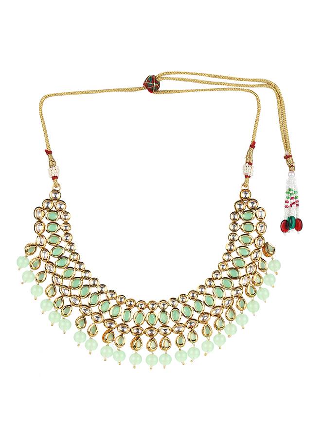 Kundan Gold Plated Mint Green Tumble Beads Necklace Set : 8905124438048