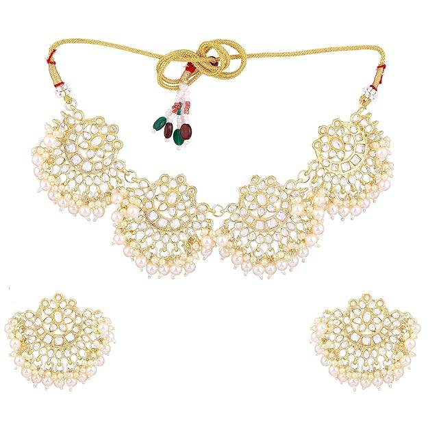 Estele Gold Plated Gorgeous White Pearl Choker Gehena Necklace Set & Maang Tikka For Women : PJ-035-IGWENKERTK