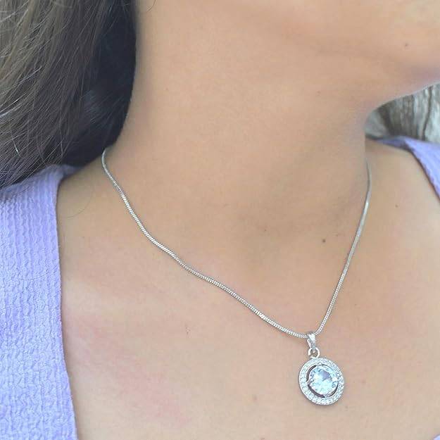 Silver-Tone Halo Pendant Necklace With Round Crystal Charm For Women Daily Wear : OSAK051-IRWEPENDANT