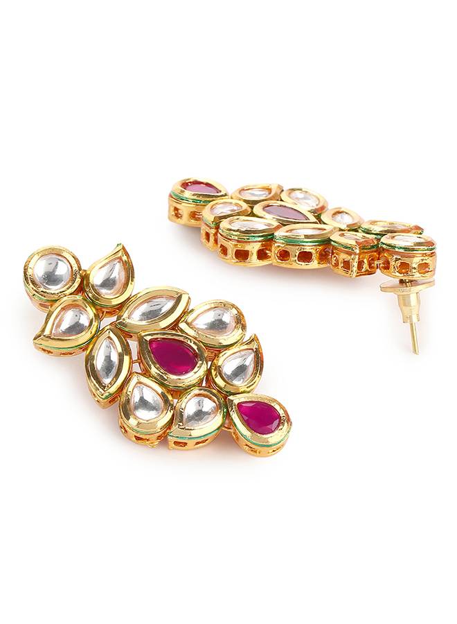 Women Gold-Plated Green & Black Enamel Border Ruby Pink & White Kundan Necklace Set