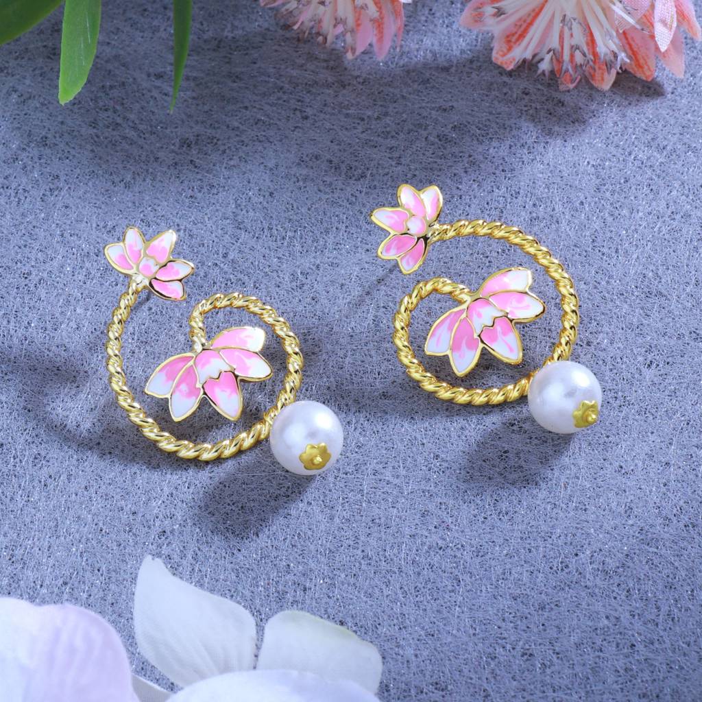 Estele Gold Plated Pink Enamel Lotus Designer Pearl Drop Earrings For Girl'S & Women : 799705-IGER