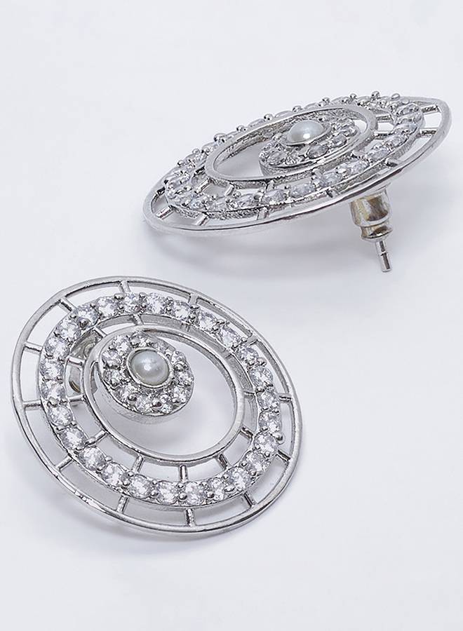 Round Cut Cz And White Pearls Brass White Rhodium Plated Pendant Set : 8905124451054