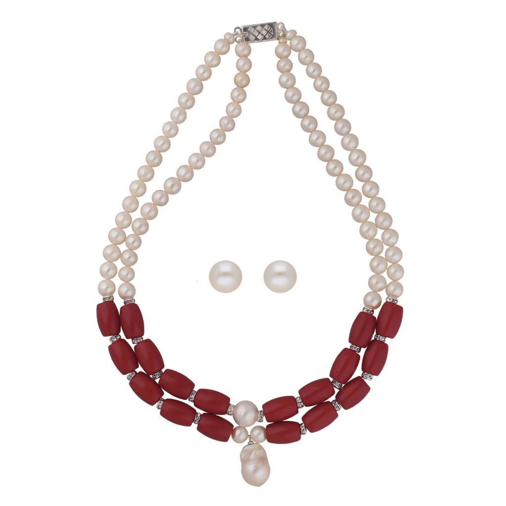 Sri Jagdamba Pearls Cherry 2 Lines Round Pearl Necklaces : JPDEC-23-003