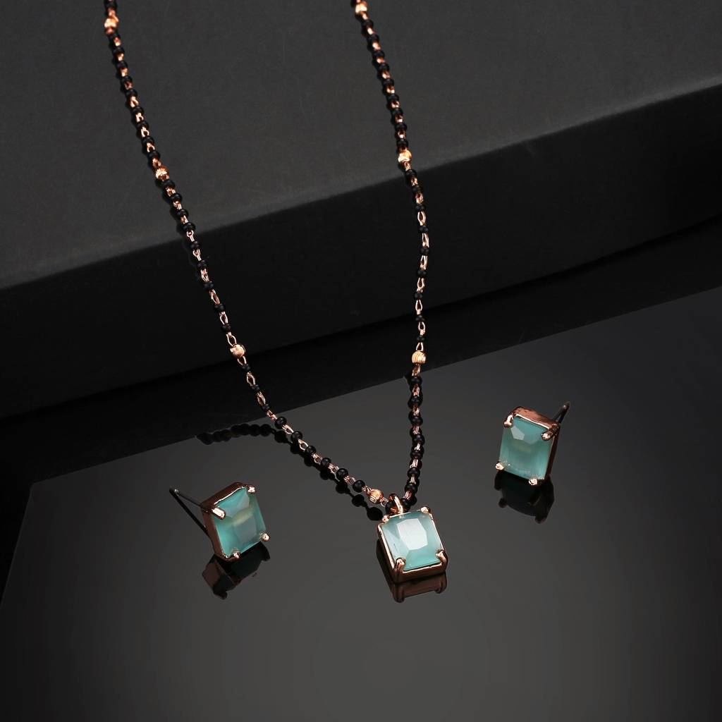 Estele Rose Gold Plated Cz Mangalsutra Necklace Set With Mint Green Stones For Women : ADMS039-RGMGNKER