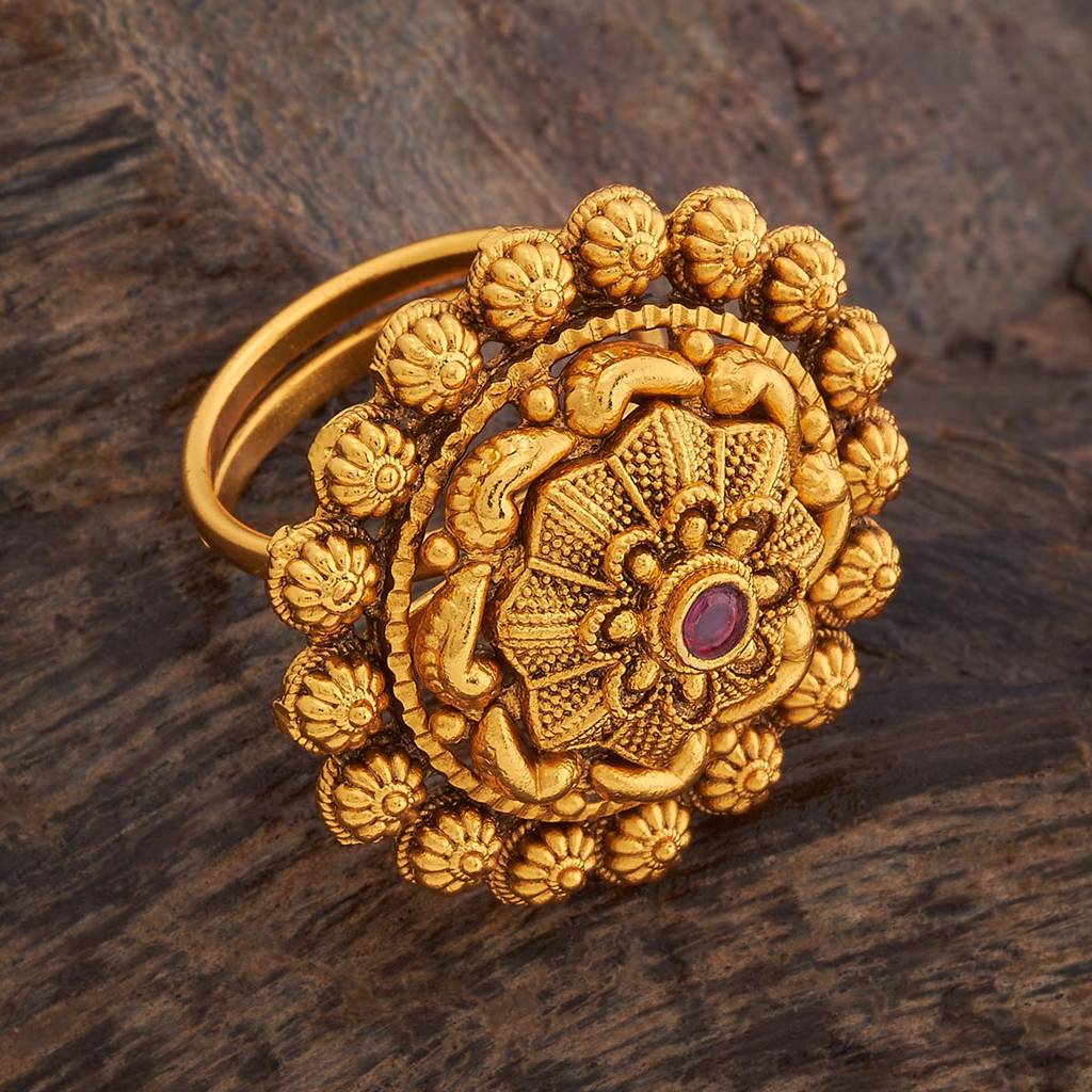 Kushal'S Fashion Jewellery Red Stone-Studded Gold-Plated Antique Finger Ring : 429862