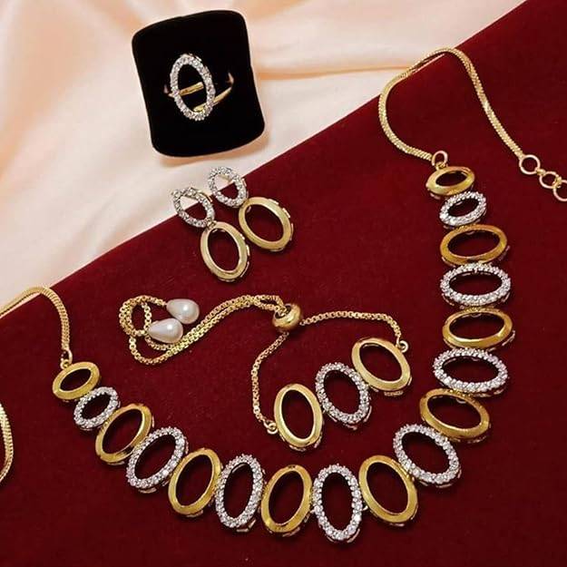 lry Combo Of Choker Necklace Set For Women: Gold & Rhodium Plated White American Diamond Classic Oval : OSAKCOM009-2TNWENKERBRFN