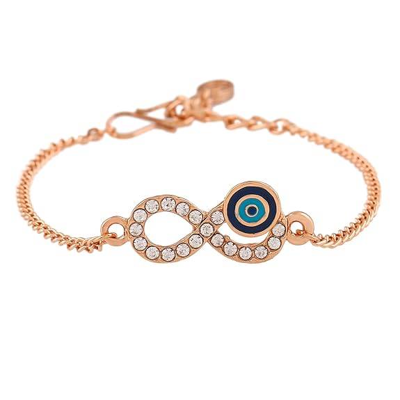 Estele Rosegold Plated  Navy Blue Evil Eye Infinity Charm Bracelet With Austrian Crystals For Women : 102172-RGNBTQBR