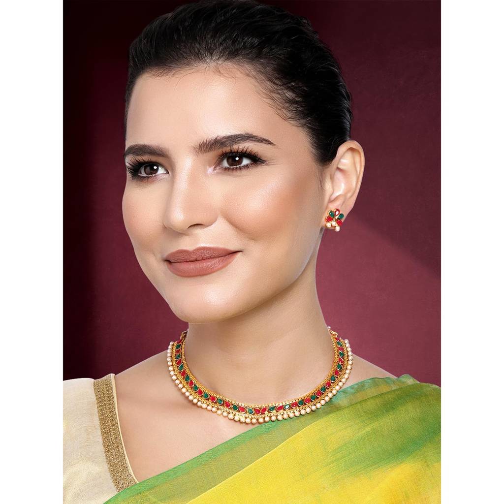 Traditional Gold Plated Studded Choker Necklace Jewellery Set For Women-Pf04N3390 : PF04N3390RG