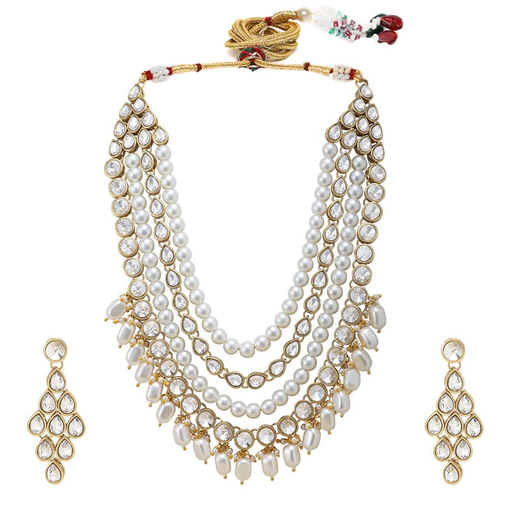Gold Plated Kundan Long Necklace Earring Indian Traditional Jewellery Set For Women Girls-Pf24N16 : PF24N16W