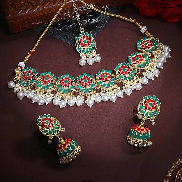 Estele Gold Plated Traditional Gehena Choker Necklace Set & Maang Tikka For Women : PJ-050-IGRBGNNKERTK