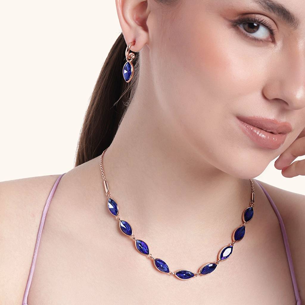 Estele Rosegold Plated Pear Designer Necklace Set With Blue Austrian Crystals For Women : 9214-RGNKER