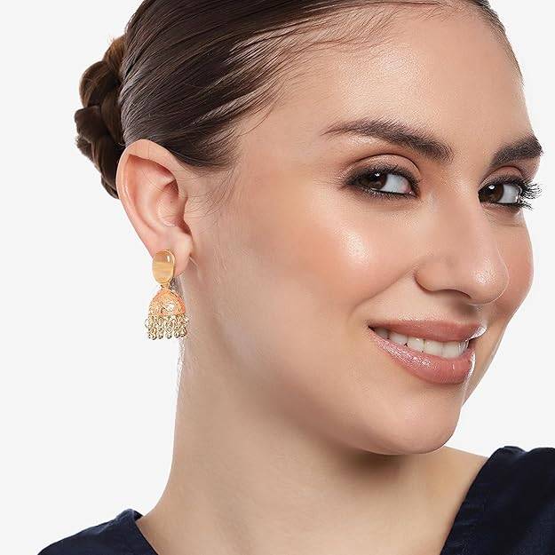 Estele Gold Plated Traditional Gehena Jhumka Earrings With Peach Enamel For Women : PJ-002-IGPHER