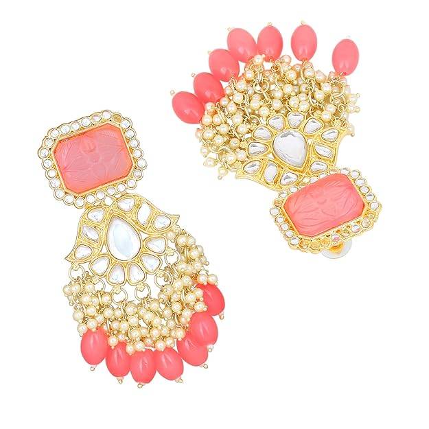 Estele Gold Plated Fashionable Gehena Drop Earrings With Mint Pink Beads For Women : PJ-013-IGMPER