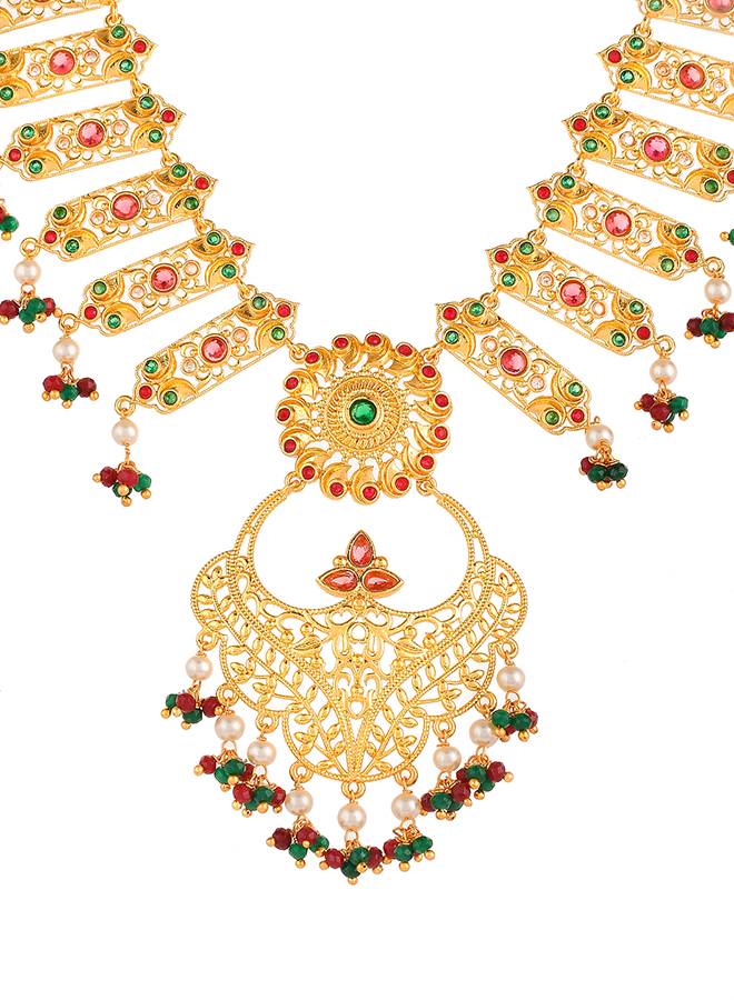 Abharan Heavily Embellished Gold Plated Opulent Jewellery Set : 8905124494501