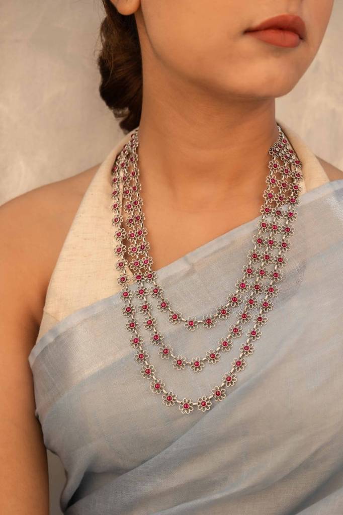 Tattva Carved Flower Three Layered Necklace : SN115466
