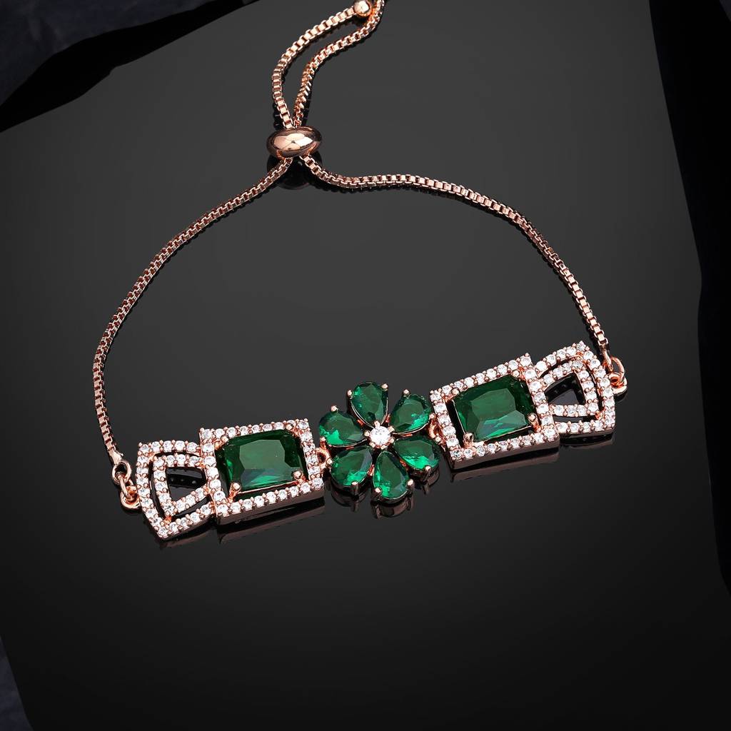Estele Rosegold Plated Stylish Floral Designer Adjustable Charm Bracelet With Shiny Green American Diamonds Fo : AD-068-RGGNBR