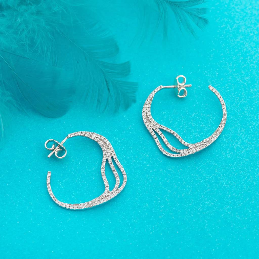 925 Silver Wave Hoop Earrings | Cz Curved Statement Hoops Party Jewelry Gift : SE_000702