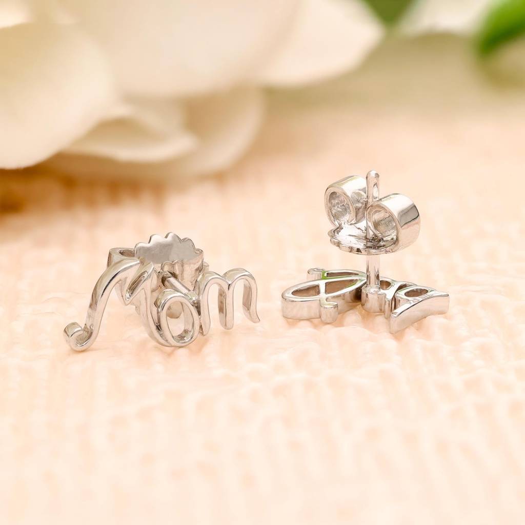 Mom-Dad Script Minimalist Sterling Silver Stud Earrings For Women : SE_000528
