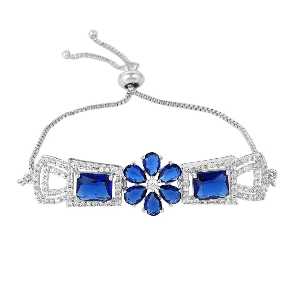 Estele Rhodium Plated Exquisite Floral Motif Enhanced Adjustable Charm Bracelet With Classic Blue American Dia : AD-068-IRBLBR