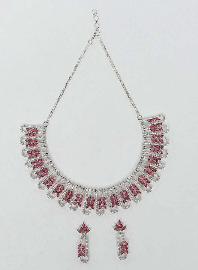 Red And White Cz Gems Silver Plated Necklace Set : 8905124453355