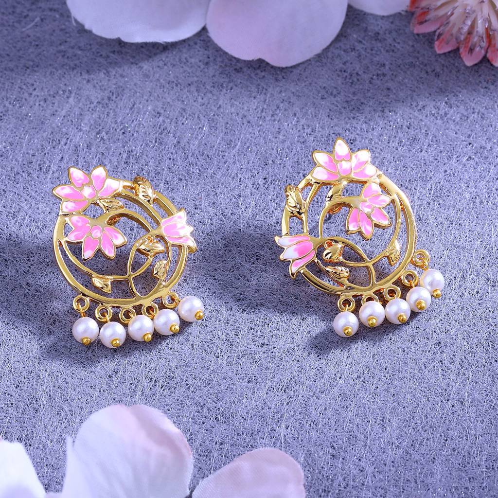 Estele Gold Plated Pink Enamel Lotus & Creeper Designer Pearl Drop Earrings For Girl'S & Women : 10190-IGER