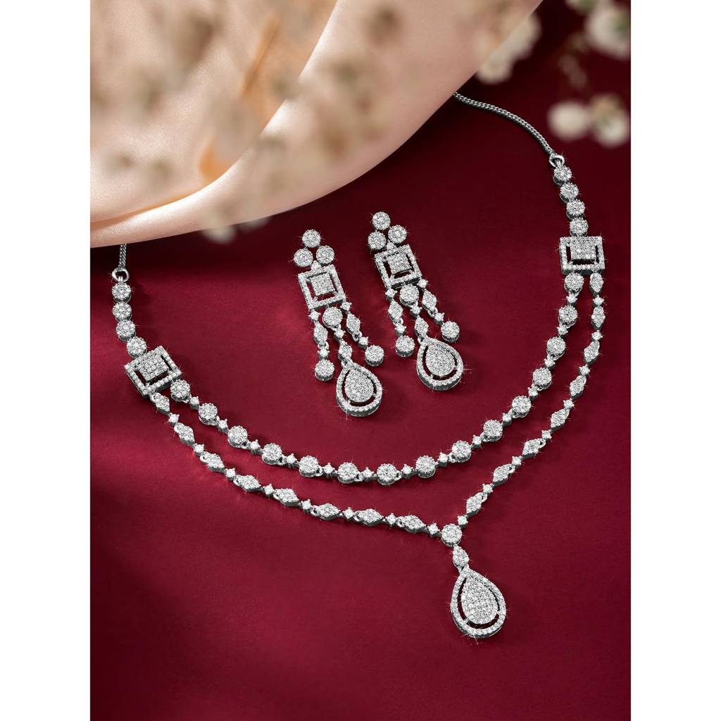 Cubic Zirconia Studded Two Layer Pendant Style Necklace & Drop Earrings Fancy Western Jewellery Set For Women-Pf67 : PF67N107S