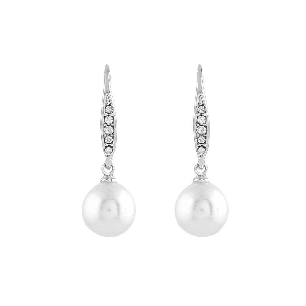 Estele Rhodium Plated Enchanting Pearl Drop Earrings With White Crystals For Girls & Women : 650707-IRER