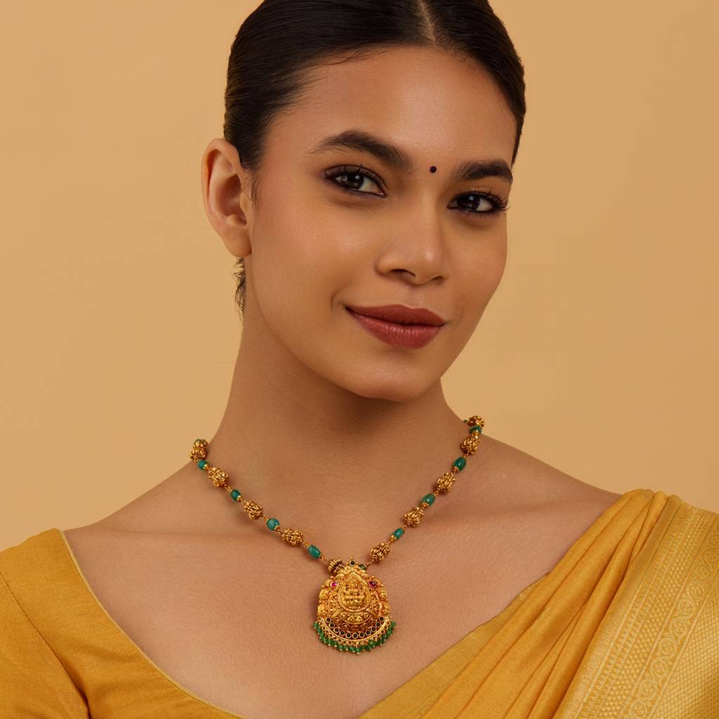 Kushal'S Fashion Jewellery Ruby-Green Gold-Plated Ethnic 92.5 Pure Silver Temple Pendants-177657 : 425891
