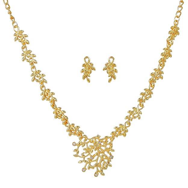 Modern Gold Plated Leaf Necklace Set | Stylish Jewelry With Earrings : 50500044-IGNKER