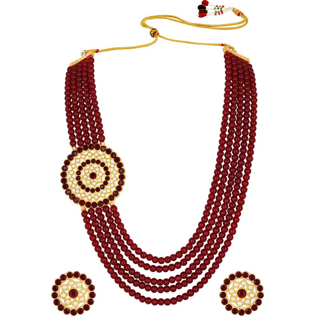 Gold Plated Kundan & Maroon Pearl Studded 5 Layer Long Jewellery Set For Women : PF25N13M