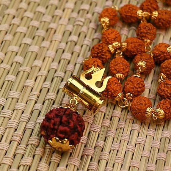 Trishul & Damru Pendant With Rudraksha Mala Gold-Tone Spiritual Necklace For Men : OSAK056-IGBRNPENDANT