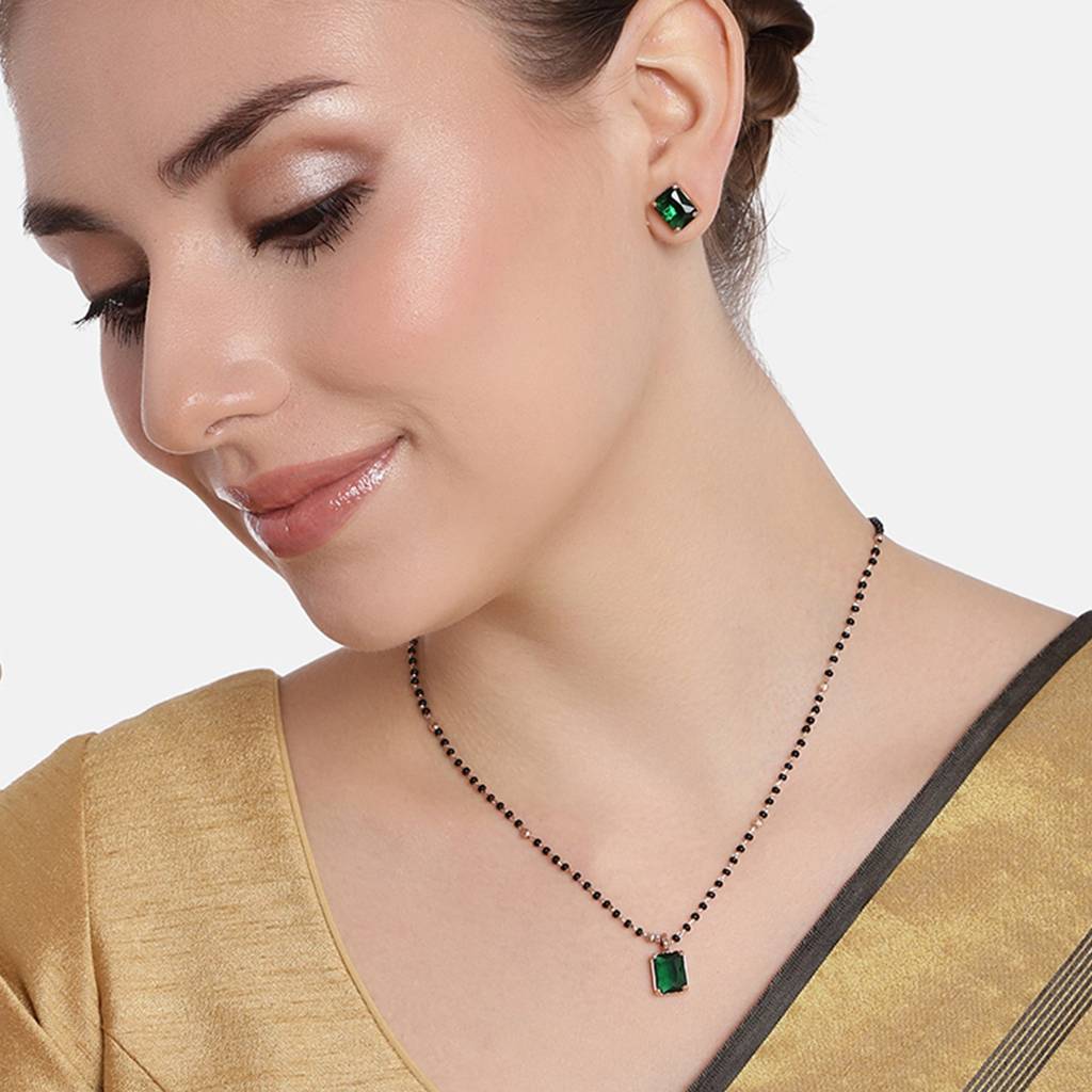 Estele Rose Gold Plated Cz Square Mangalsutra Necklace Set With Emerald Stone For Women. : ADMS039-RGGNNKER